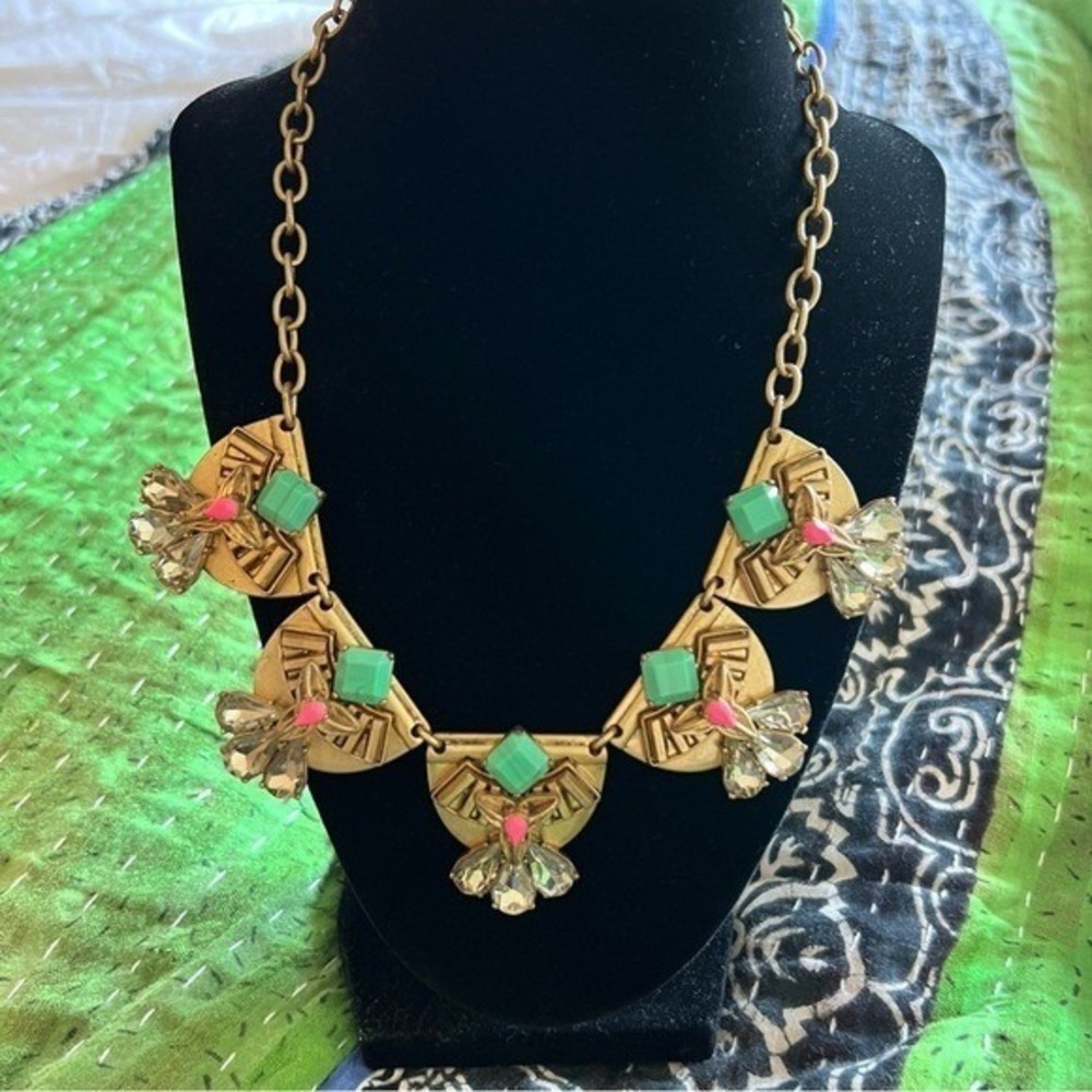 Stella & Dot Elodie Statement Necklace Art Deco Gold Turquoise Pink OS